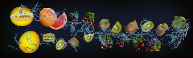 Панорама с сочными фруктами в воде виноград киви вишня дыня грейпфрут наполнен полезными минералами и витаминами