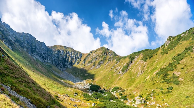 Panorama with landscape with range of green sunny mountains