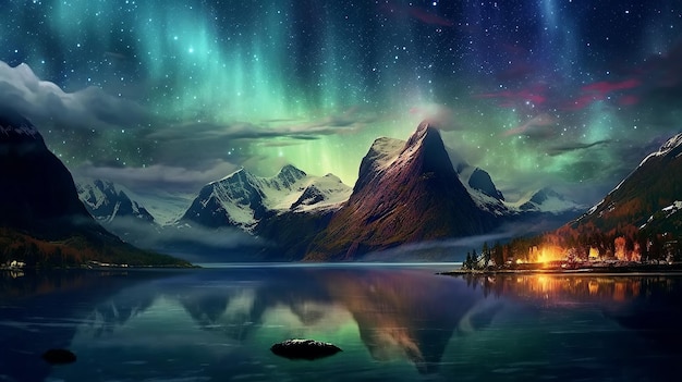 Panorama with night starry sky with northern lights and stars above lake water on background of mountains Generative AI illustration