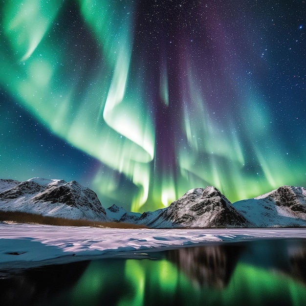 Panorama with northern lights in night sky