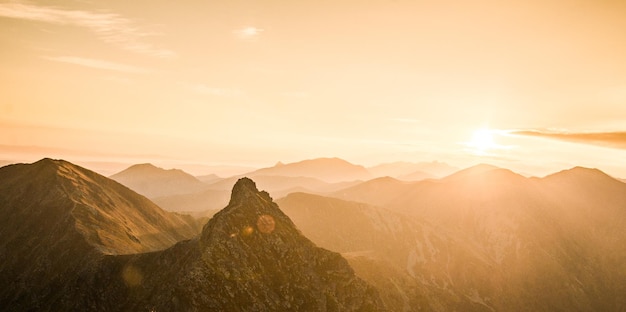 Panorama with sunrise in the West Tatras mountains Summer view in Ziarska valley