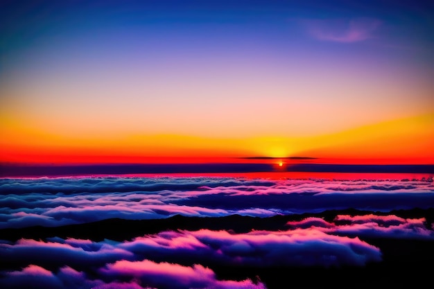 Panorama with sunset above the clouds from the airplane window Generative AI