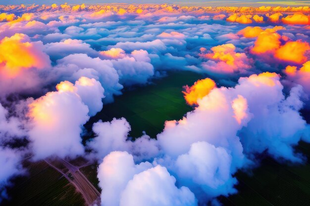 Panorama with sunset above the clouds from the airplane window Generative AI