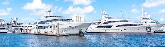 Panorama of yachts docked in marina in Fort Lauderdale, Florida
