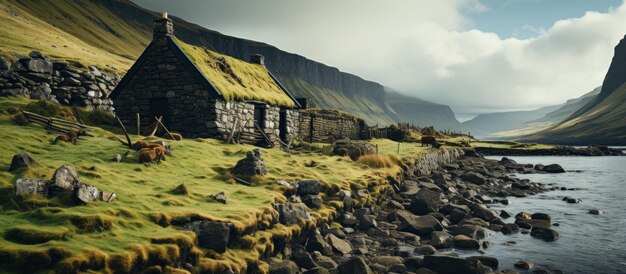 Panoramabeeld van een oud stenen huis op de Faeröer