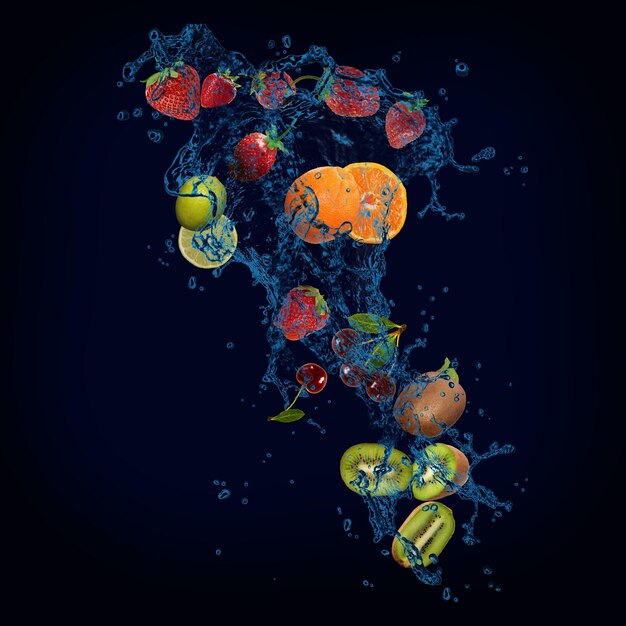 Panoramabehang met fruit in het water vers fruit aardbei kiwi sinaasappel limoen kers zitten vol vitamines voor de voeding