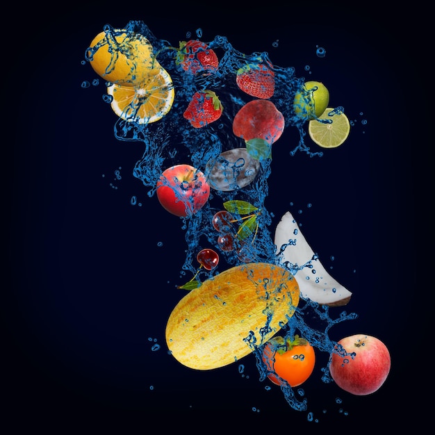 Panoramabehang met fruit in water vers perzik citroen kokos limoen aardbei meloen kers appel citroen zit vol vitamines en is heerlijk