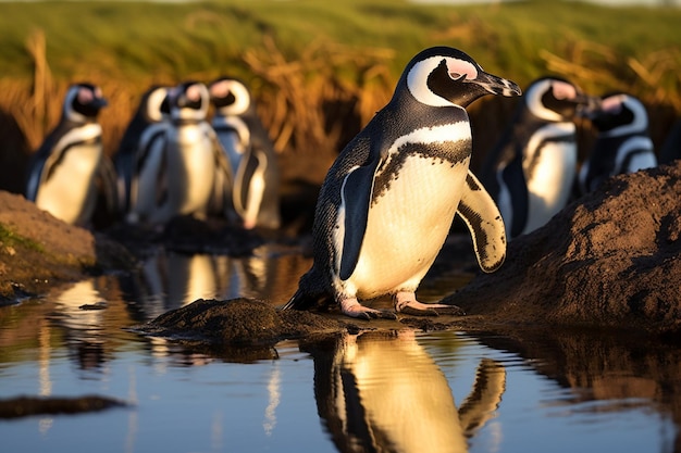 Panoramafoto van een uitgestrekte pinguïnkolonie met torenhoge ijsbergen op de achtergrond