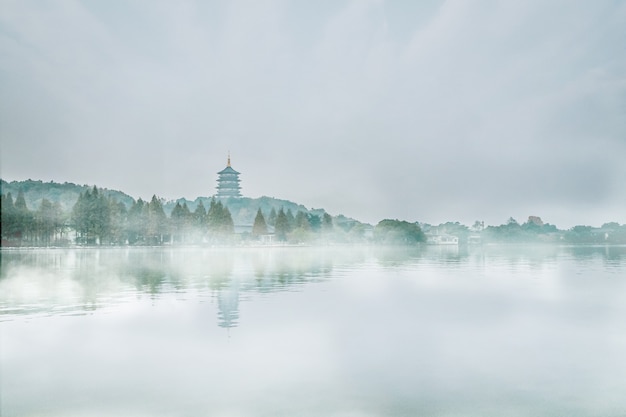 Panoramalandschap van Morning fall nature mistige mistige scène: bos met bomen omgeven door mist op het wateroppervlak van het meer met heuvels en