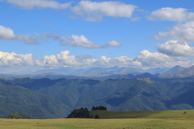 Panoramamening van bergen en valleiscènes in nationaal park Dombay, Kaukasus, Rusland, Europa. Dramatische blauwe lucht en zonnig zomerlandschap