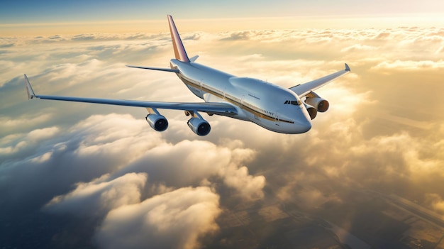 Panoramamening van commercieel vliegtuig dat over wolken vliegt Concept reisvakanties en zaken