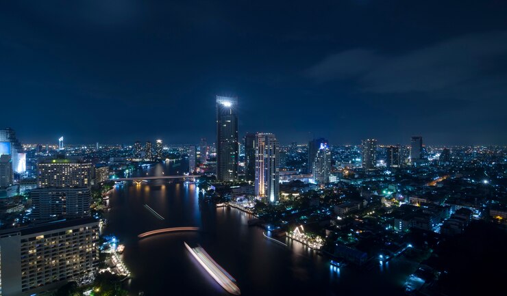 Panoramamening van de stad van Bangkok scape bij nacht
