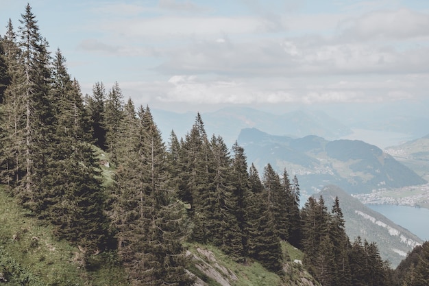 Foto panoramamening van luzern-meer en bergenscène in pilatus van luzern, zwitserland, europa. zomerlandschap, zonneschijn, dramatische blauwe lucht en zonnige dag