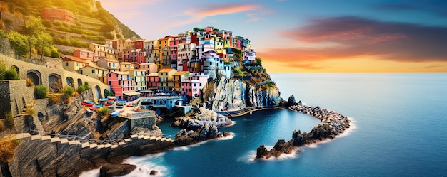 Panoramatic view of colorfull town coast in Cinque Terre Liguria Italy Sunny day Generative ai