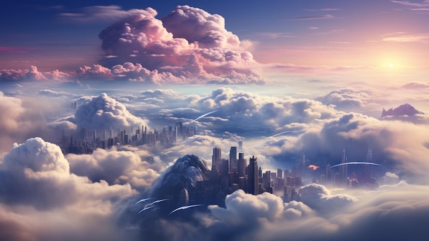 Foto panoramatop van wolken en wolkenkrabbers boven de wolken