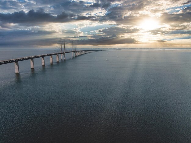 Panoramic aerial close up view of Oresund bridge over the Baltic sea