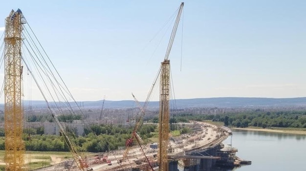 Panoramic aerial drone view from above of the suspended bridge over danube river