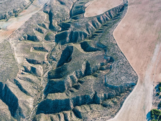 Panoramic aerial landscape view in air balloon on the Guadix fields