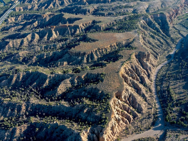 Panoramic aerial landscape view in air balloon on the Guadix fields