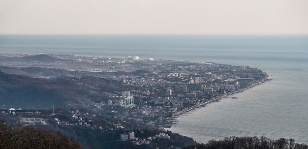 Panoramic aerial view of Adler coast and Black sea Travel destination in Sochi Russia