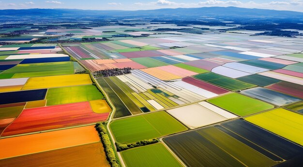 Panoramic aerial view of fields and grass