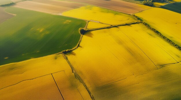 Panoramic aerial view of fields and grass