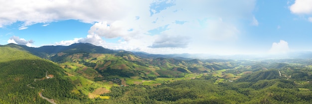 Panoramic aerial view from drone of the high mountain landscape 