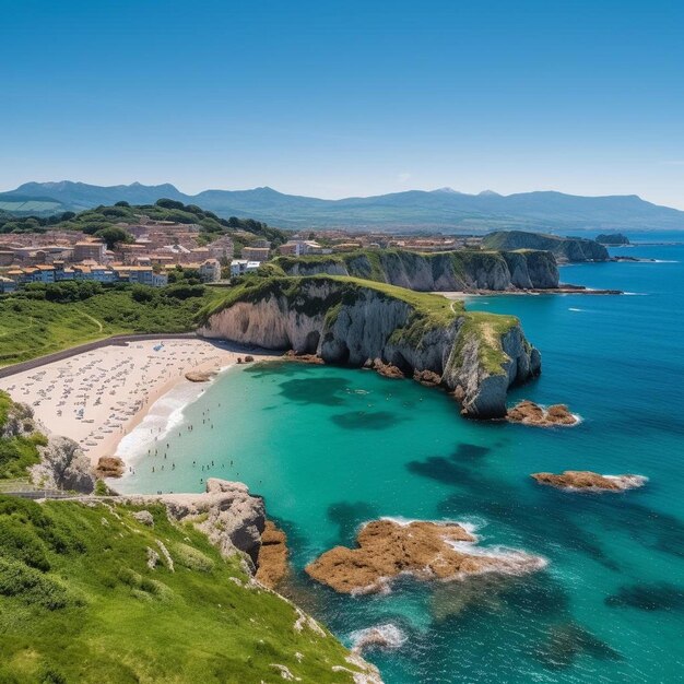 Panoramic aerial view of the golden sandy beach with calm turquoise sea with a big rock in the