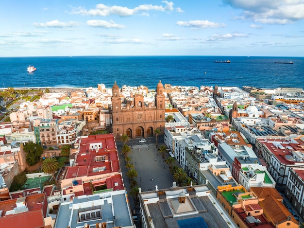 Panoramic aerial view of las palmas de gran canaria and las canteras beach at sunset