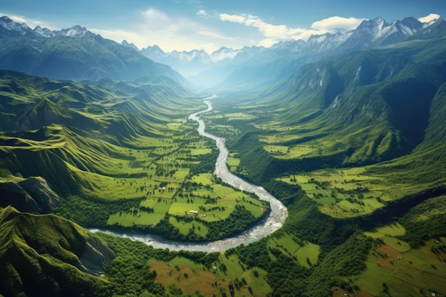 Панорамный вид с воздуха на пышную зеленую долину, окруженную величественными горами