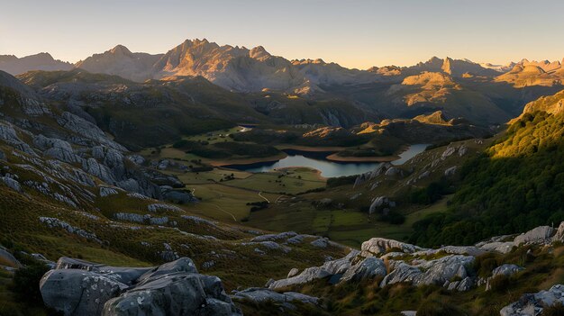 Photo panoramic aerial view of a mountain range landscape at sunset along valle lake somie generative ai