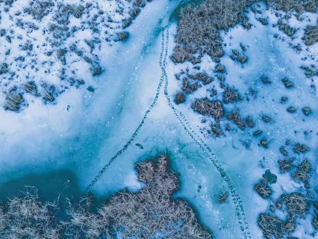 写真 凍った湖のパノラマ的な空中写真凍った表面に動物の足跡がある