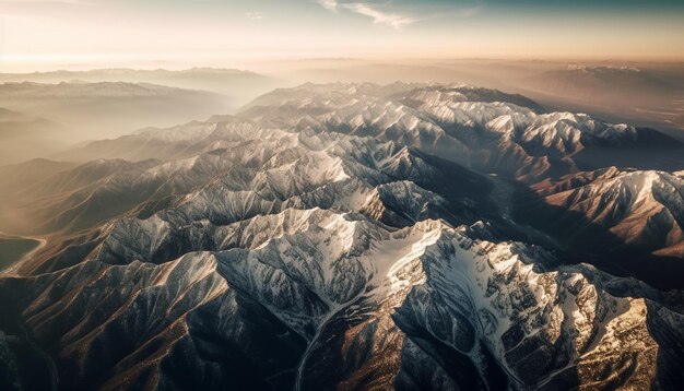 写真 人工知能によって生成された冬の夕日の雄大な山脈のパノラマ空撮