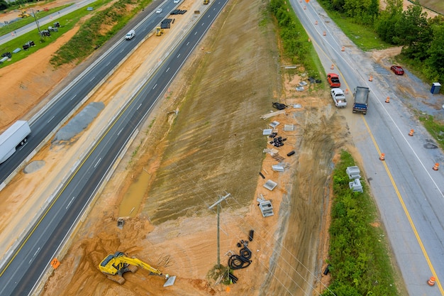 Panoramic aerial view of reconstruction add new line in interchange freeway 85 highway