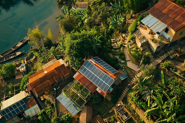 A panoramic aerial view showcasing the beauty of solarpowered houses amidst breathtaking nature