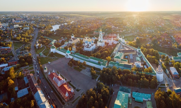 Panoramic aerial view on Trinity St. Sergy Monastery at autumn sunset. Sergiev Posad, Russia