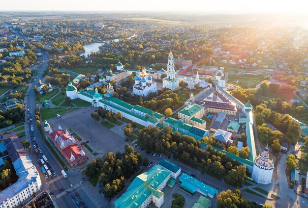 Panoramic aerial view of Trinity St Sergy Monastery at autumn sunset Sergiev Posad Russia