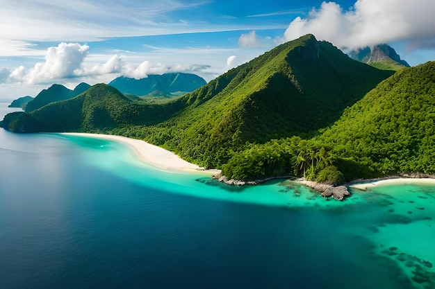 A panoramic aerial view of a tropical island surrounded by turquoise waters and dotted with lush