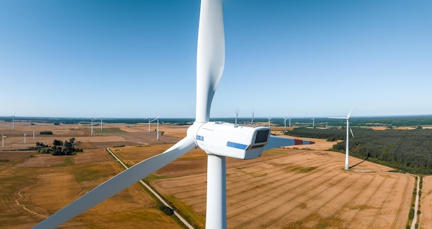 Panoramic aerial view of wind farm or wind park with high wind turbines for generation electricity Green energy concept