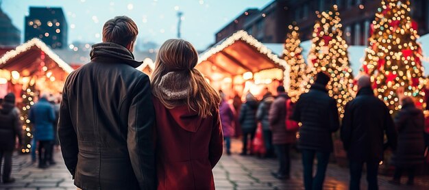 Foto ritratto panoramico di una coppia che cammina insieme in un mercato natalizio illuminato