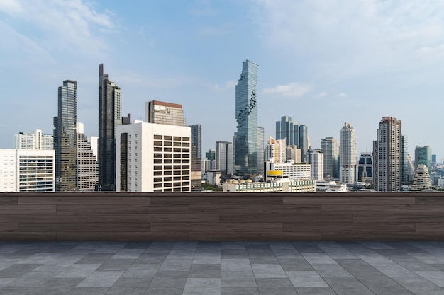 Panoramic bangkok skyline view concrete observatory deck on\
rooftop daytime luxury asian corporate and residential lifestyle\
financial city downtown real estate product display mockup empty\
roof