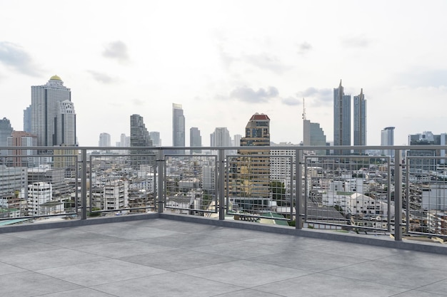 Panoramic Bangkok skyline view concrete observatory deck on rooftop daytime Luxury Asian corporate and residential lifestyle Financial city downtown real estate Product display mockup empty roof