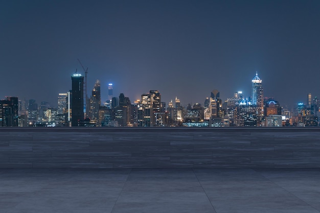 Panoramic Bangkok skyline view concrete observatory deck on rooftop night time Asian corporate and residential lifestyle Financial city downtown real estate Product display mockup empty roof