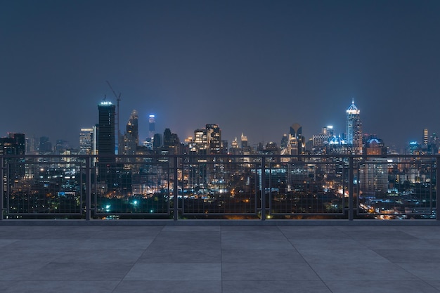 Panoramic Bangkok skyline view concrete observatory deck on rooftop night time Asian corporate and residential lifestyle Financial city downtown real estate Product display mockup empty roof