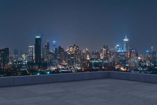 Panoramic Bangkok skyline view concrete observatory deck on rooftop night time Asian corporate and residential lifestyle Financial city downtown real estate Product display mockup empty roof