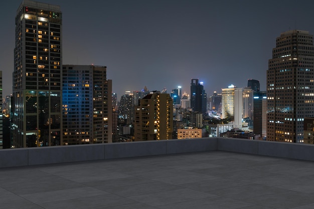 Panoramic bangkok skyline view concrete observatory deck on
rooftop night time asian corporate and residential lifestyle
financial city downtown real estate product display mockup empty
roof