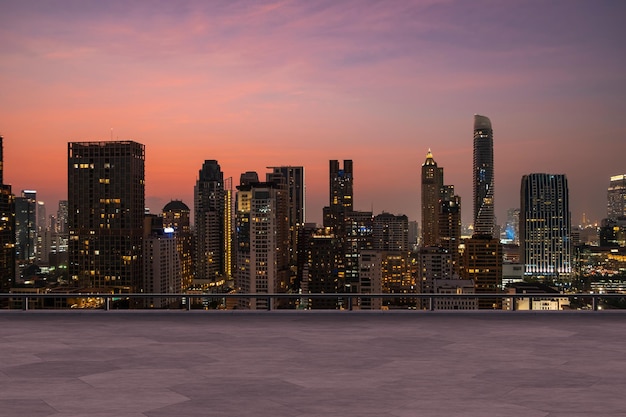 Panoramic Bangkok skyline view concrete observatory deck on rooftop sunset Luxury Asian corporate and residential lifestyle Financial city downtown real estate Product display mockup empty roof