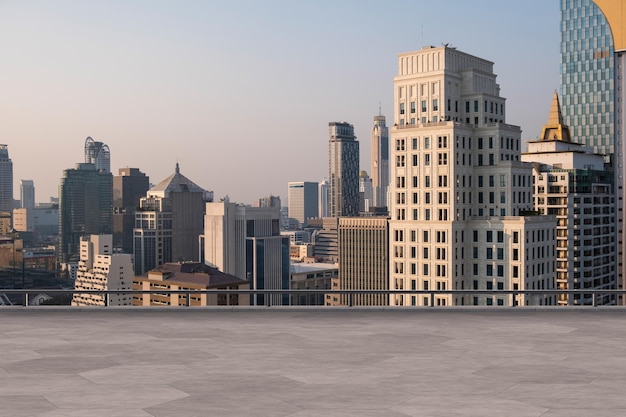 Panoramic Bangkok skyline view concrete observatory deck on rooftop sunset Luxury Asian corporate and residential lifestyle Financial city downtown real estate Product display mockup empty roof