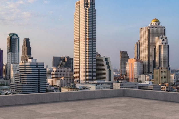 Panoramic Bangkok skyline view concrete observatory deck on rooftop sunset Luxury Asian corporate and residential lifestyle Financial city downtown real estate Product display mockup empty roof