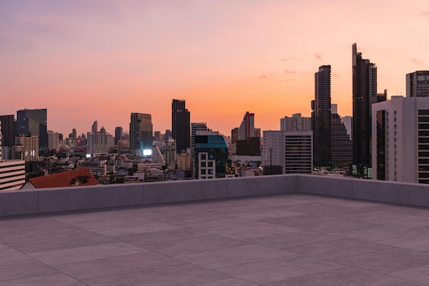 Panoramic Bangkok skyline view concrete observatory deck on rooftop sunset Luxury Asian corporate and residential lifestyle Financial city downtown real estate Product display mockup empty roof